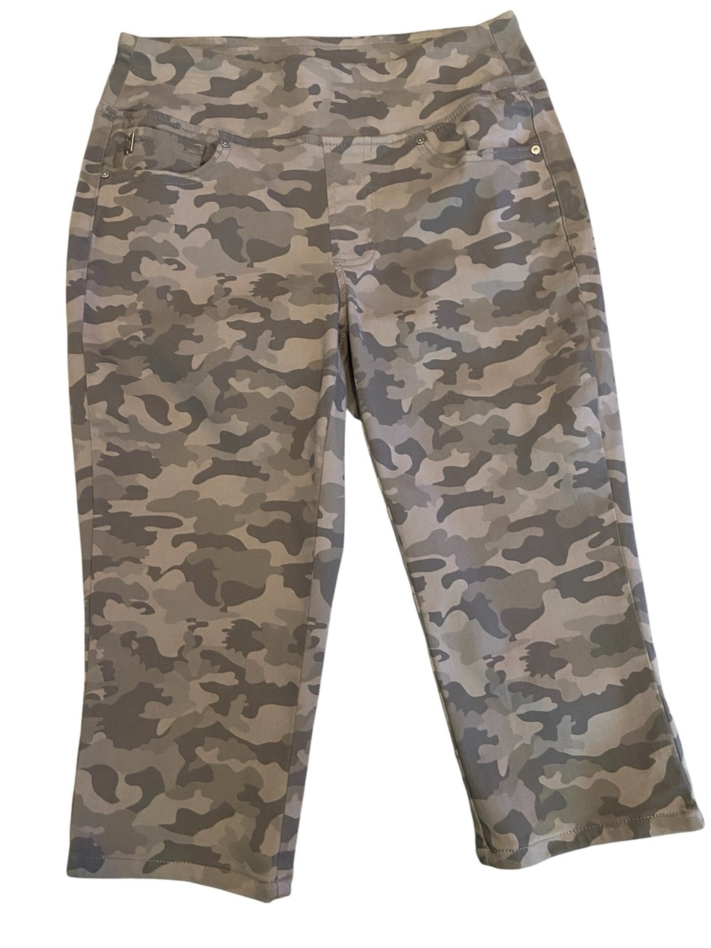 Belle by Kim Gravel TripleLuxe Twill Pull On Pedal Pushers Gray Camo Size 4 New